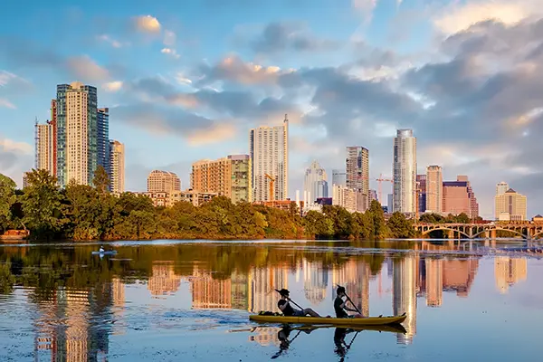 Austin city downtown skyline from the water in Texas