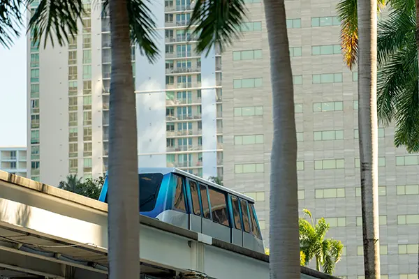 Raised rail car next to palms in Florida